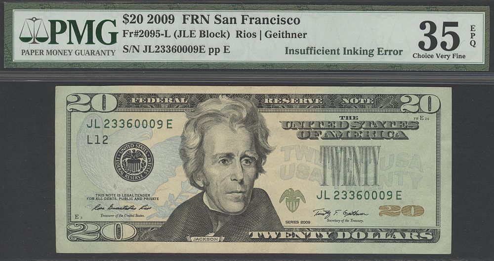 Missing Treasury Seal Error, 2009 $20 FRN, JL23360009E